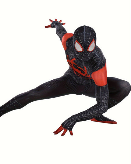 Marvel Miles Black Spiderman Costume - Unisex Halloween Cosplay Suit for Men and Women - Full Body Spandex Jumpsuit with Mask and Web Pattern Design