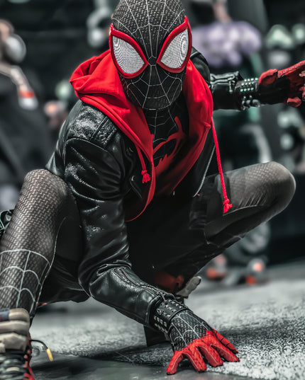 Marvel Miles Black Spiderman Costume - Unisex Halloween Cosplay Suit for Men and Women - Full Body Spandex Jumpsuit with Mask and Web Pattern Design