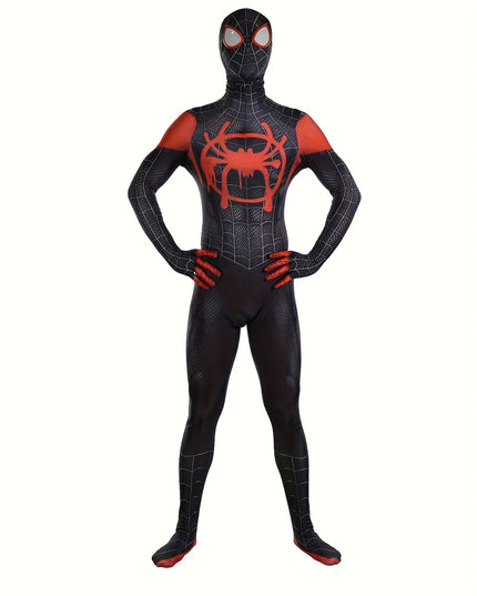 Marvel Miles Black Spiderman Costume - Unisex Halloween Cosplay Suit for Men and Women - Full Body Spandex Jumpsuit with Mask and Web Pattern Design
