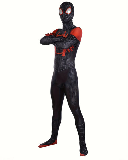 Marvel Miles Black Spiderman Costume - Unisex Halloween Cosplay Suit for Men and Women - Full Body Spandex Jumpsuit with Mask and Web Pattern Design