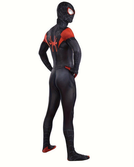 Marvel Miles Black Spiderman Costume - Unisex Halloween Cosplay Suit for Men and Women - Full Body Spandex Jumpsuit with Mask and Web Pattern Design