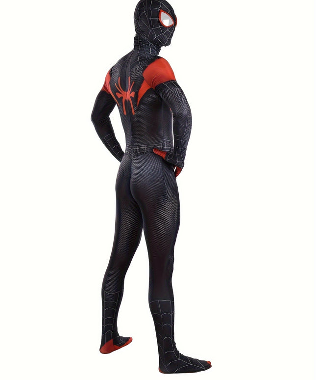 Marvel Miles Black Spiderman Costume - Unisex Halloween Cosplay Suit for Men and Women - Full Body Spandex Jumpsuit with Mask and Web Pattern Design