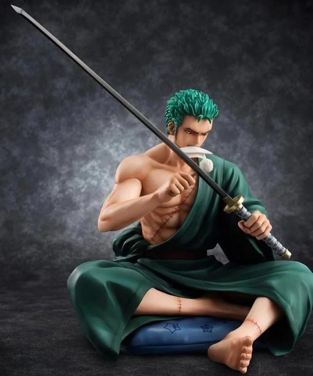 Zoro Sitting with Sword Figurine: Detailed Anime Collectible for Fans, Perfect Gift for Sword Enthusiasts & Decor Lovers.