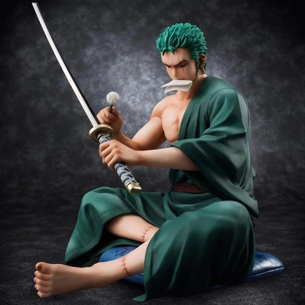 Zoro Sitting with Sword Figurine: Detailed Anime Collectible for Fans, Perfect Gift for Sword Enthusiasts & Decor Lovers.