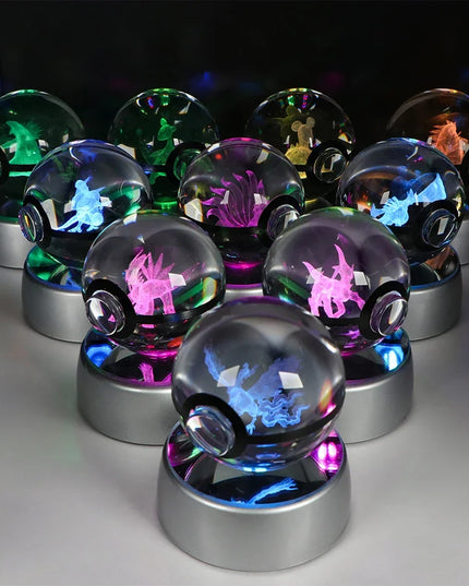Pokemon Crystal Ball Pikachu Gengar Eevee Mewtwo Lacario Anime Game Pokeball Led Night Light Base Kids Birthday Gift Home Decor