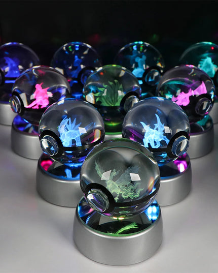 Pokemon Crystal Ball Pikachu Gengar Eevee Mewtwo Lacario Anime Game Pokeball Led Night Light Base Kids Birthday Gift Home Decor