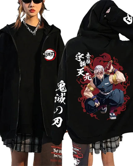 Fashion Anime Cartoon Demon Slayer Pattern Print Sweatshirt Men Women Fall Winter Casual Loose Harajuku Fleece Zipper Hoodie