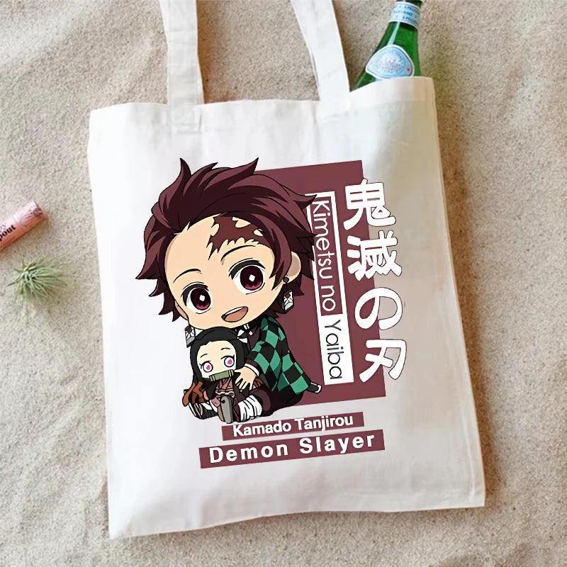 Demon Slayer Canvas Shoulder Bag Anime Cartoon Printed Storage Bags Large Capacity Student Stationery Eco Handbag Birthday Gifts