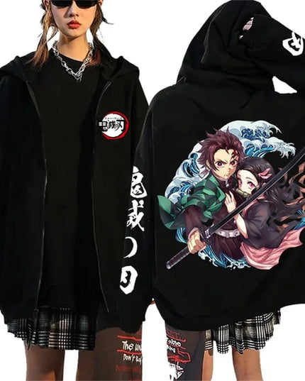 Fashion Anime Cartoon Demon Slayer Pattern Print Sweatshirt Men Women Fall Winter Casual Loose Harajuku Fleece Zipper Hoodie