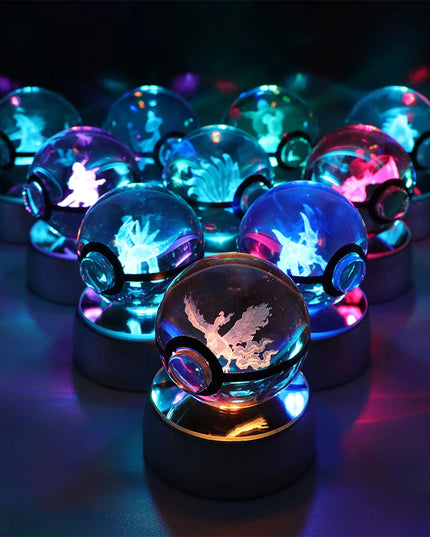 Pokemon Crystal Ball Pikachu Gengar Eevee Mewtwo Lacario Anime Game Pokeball Led Night Light Base Kids Birthday Gift Home Decor