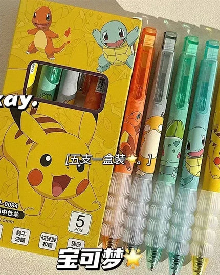 5pcs Pokemon Pikachu Gel Pen Cute Anime Cartoon Charmander Squirtle Press on Gel Pen Stationery School Supplies Holiday Gifts