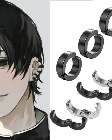 2pcs Anime Chainsaw Man Yoshida Hirofumi Cosplay Ear Clip Earrings Women Men Punk Black No Pierced Fake Ear Circle Pop Jewelry
