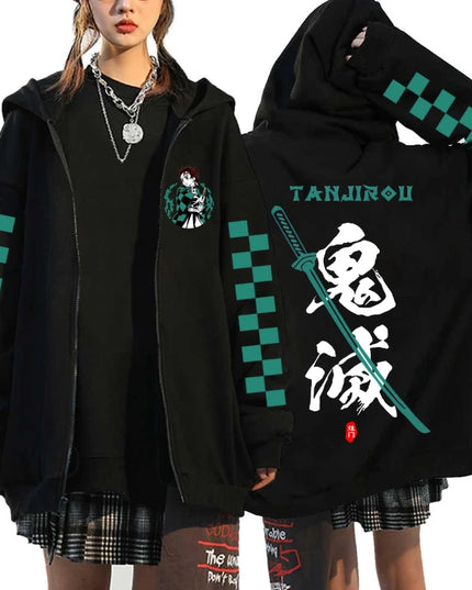 Fashion Anime Cartoon Demon Slayer Pattern Print Sweatshirt Men Women Fall Winter Casual Loose Harajuku Fleece Zipper Hoodie