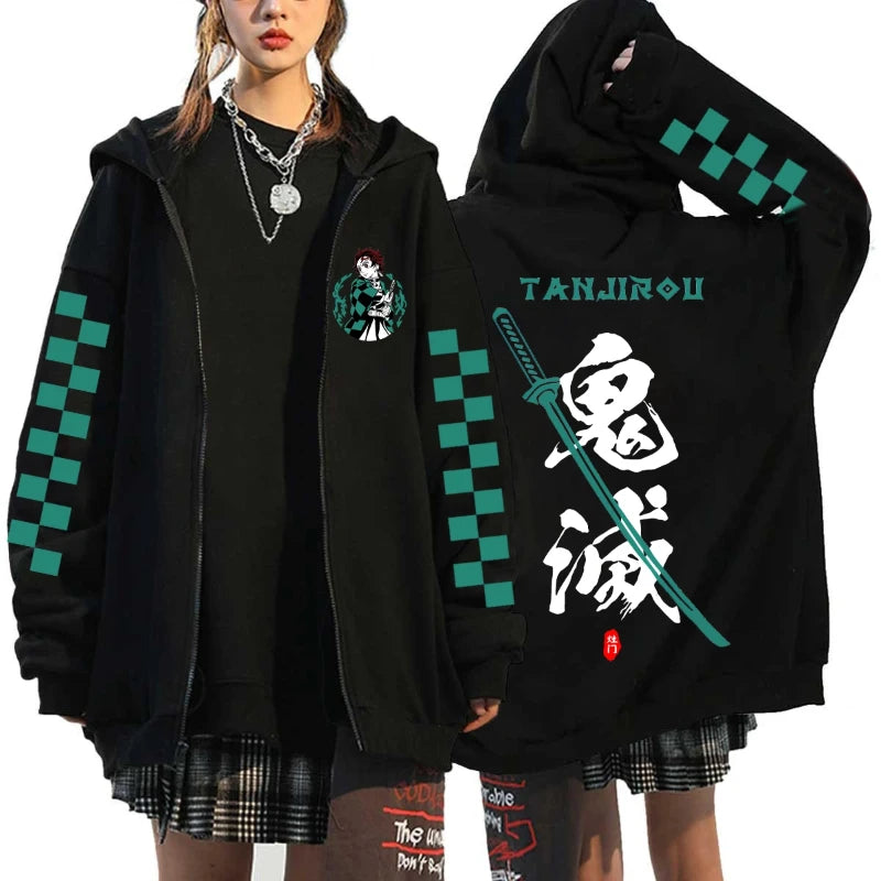 Fashion Anime Cartoon Demon Slayer Pattern Print Sweatshirt Men Women Fall Winter Casual Loose Harajuku Fleece Zipper Hoodie