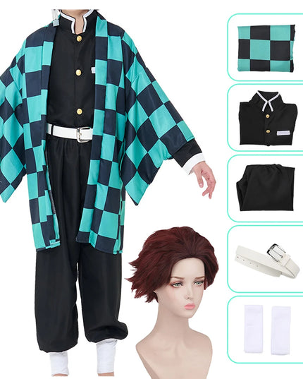 Anime Demon Slayer Kamado Tanjirou Cosplay Costume Kimetsu No Yaiba Cartoon Costume Sutis Wigs Halloween For Kids Adult CosParty