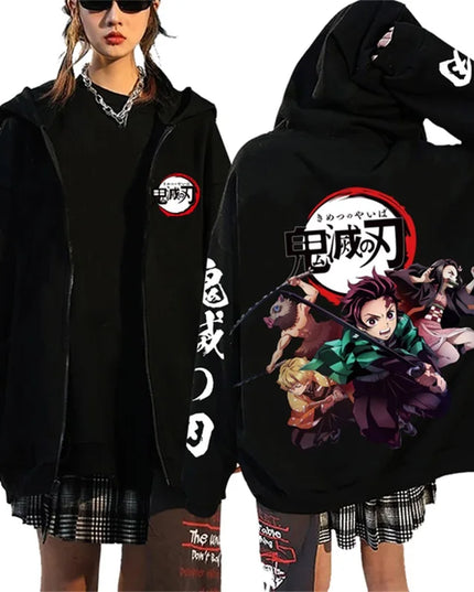 Fashion Anime Cartoon Demon Slayer Pattern Print Sweatshirt Men Women Fall Winter Casual Loose Harajuku Fleece Zipper Hoodie