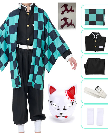 Anime Demon Slayer Kamado Tanjirou Cosplay Costume Kimetsu No Yaiba Cartoon Costume Sutis Wigs Halloween For Kids Adult CosParty