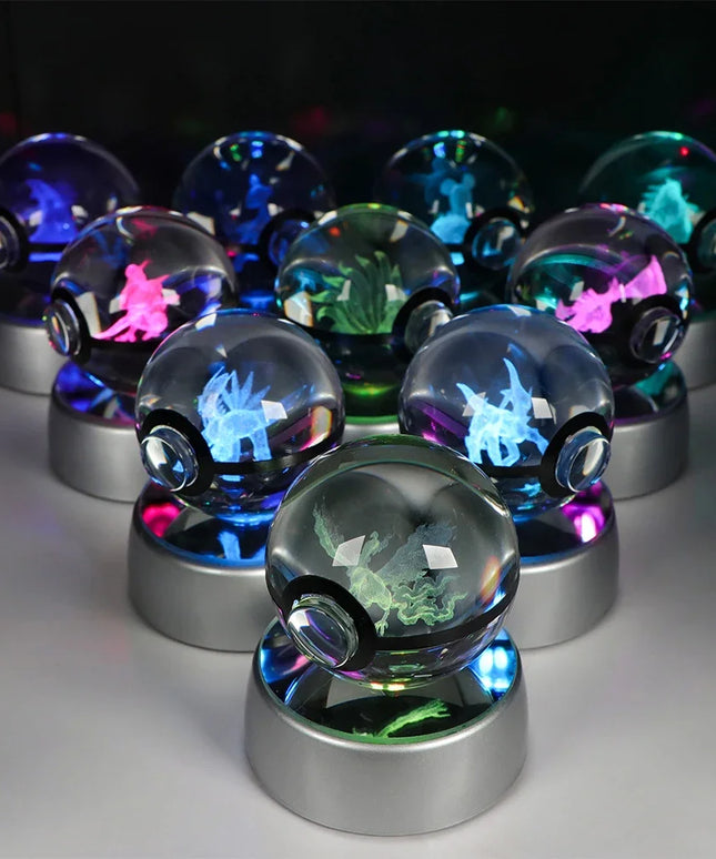Pokemon Crystal Ball Pikachu Gengar Eevee Mewtwo Lacario Anime Game Pokeball Led Night Light Base Kids Birthday Gift Home Decor