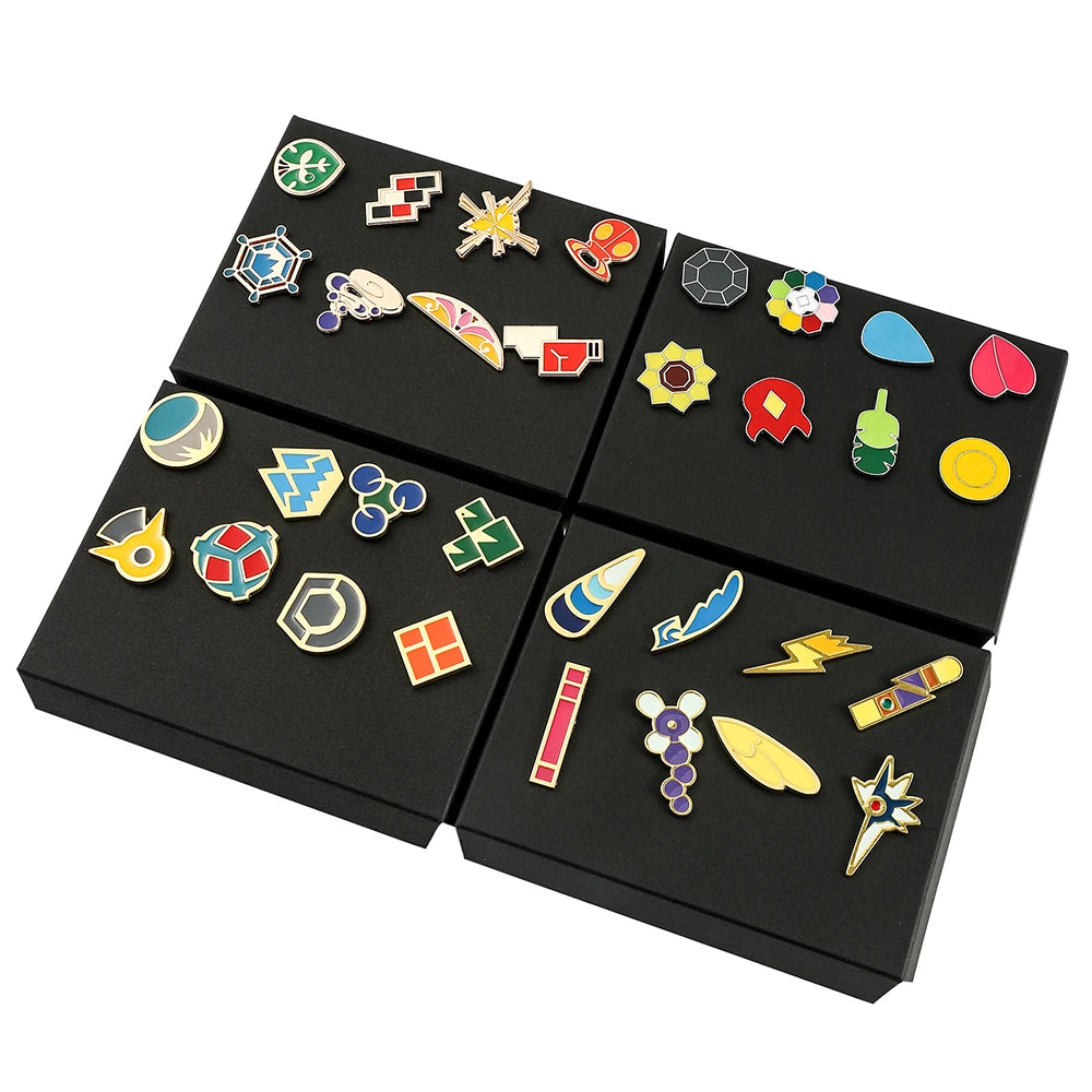 Pokemon Gym Badges Kanto Johto Hoenn Sinnoh Unova Kalos League Region Orange Islands Pins Brooches Box Set Pocket Monster