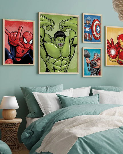 MINISO Poster Marvel Canvas Wall Art Print Mural Spider-Man Iron Man Captain America Cartoon Poster Home Decor Gift for Friends