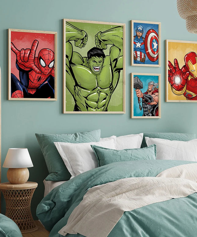 MINISO Poster Marvel Canvas Wall Art Print Mural Spider-Man Iron Man Captain America Cartoon Poster Home Decor Gift for Friends