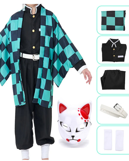 Anime Demon Slayer Kamado Tanjirou Cosplay Costume Kimetsu No Yaiba Cartoon Costume Sutis Wigs Halloween For Kids Adult CosParty