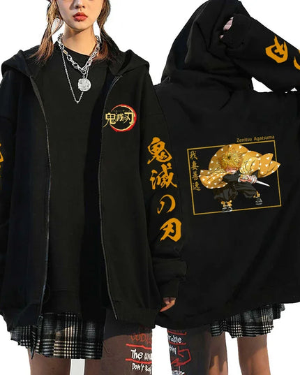 Fashion Anime Cartoon Demon Slayer Pattern Print Sweatshirt Men Women Fall Winter Casual Loose Harajuku Fleece Zipper Hoodie