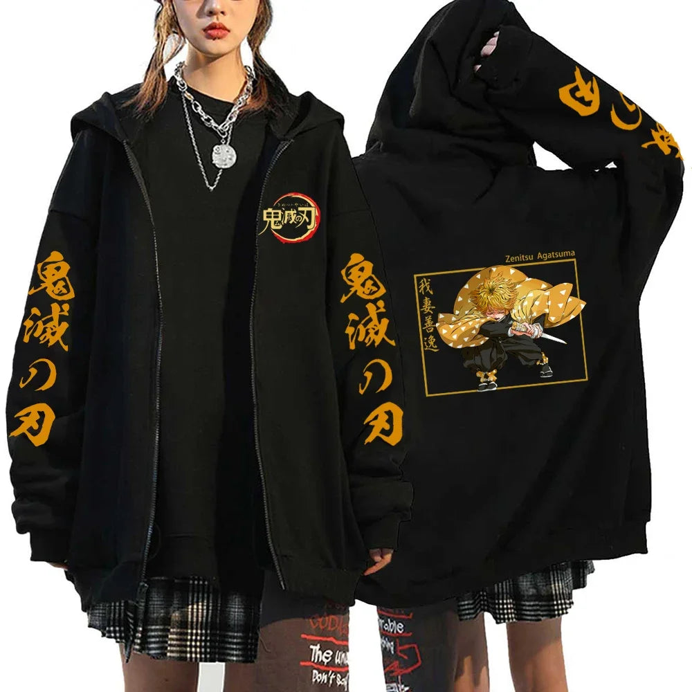 Fashion Anime Cartoon Demon Slayer Pattern Print Sweatshirt Men Women Fall Winter Casual Loose Harajuku Fleece Zipper Hoodie