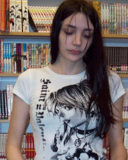 Y2k anime Streetwear O-neck 90s Text Printing Tops Women Harajuku Clothes Simple Vintage Crop Tee Aesthetic emo Casual T-shirt