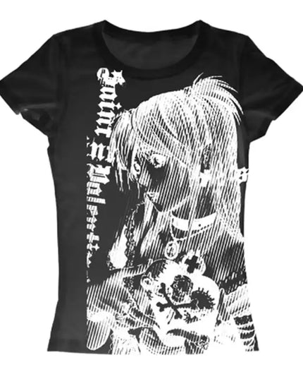 Y2k anime Streetwear O-neck 90s Text Printing Tops Women Harajuku Clothes Simple Vintage Crop Tee Aesthetic emo Casual T-shirt