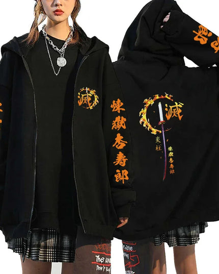 Fashion Anime Cartoon Demon Slayer Pattern Print Sweatshirt Men Women Fall Winter Casual Loose Harajuku Fleece Zipper Hoodie