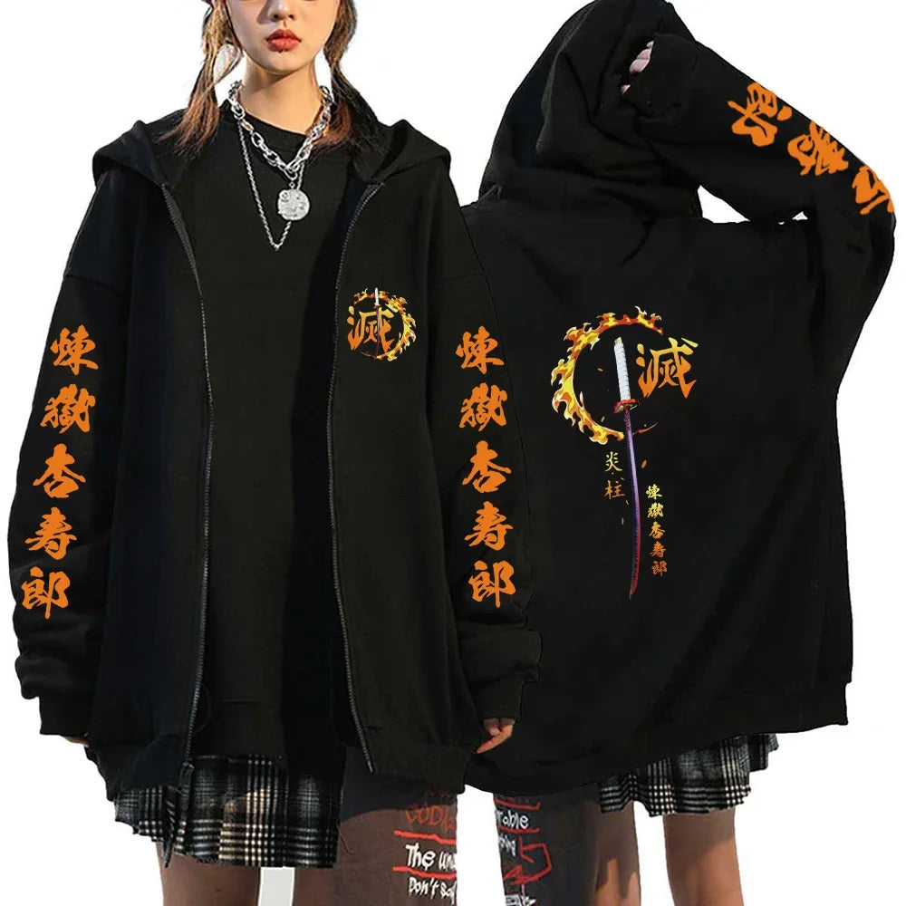 Fashion Anime Cartoon Demon Slayer Pattern Print Sweatshirt Men Women Fall Winter Casual Loose Harajuku Fleece Zipper Hoodie