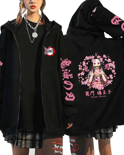 Fashion Anime Cartoon Demon Slayer Pattern Print Sweatshirt Men Women Fall Winter Casual Loose Harajuku Fleece Zipper Hoodie