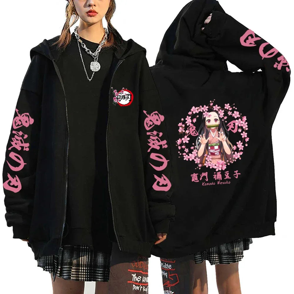Fashion Anime Cartoon Demon Slayer Pattern Print Sweatshirt Men Women Fall Winter Casual Loose Harajuku Fleece Zipper Hoodie