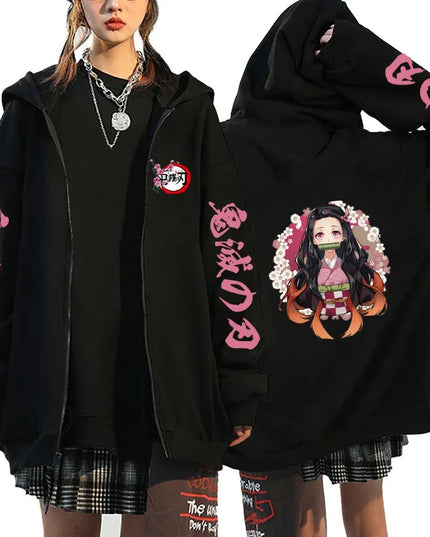 Fashion Anime Cartoon Demon Slayer Pattern Print Sweatshirt Men Women Fall Winter Casual Loose Harajuku Fleece Zipper Hoodie