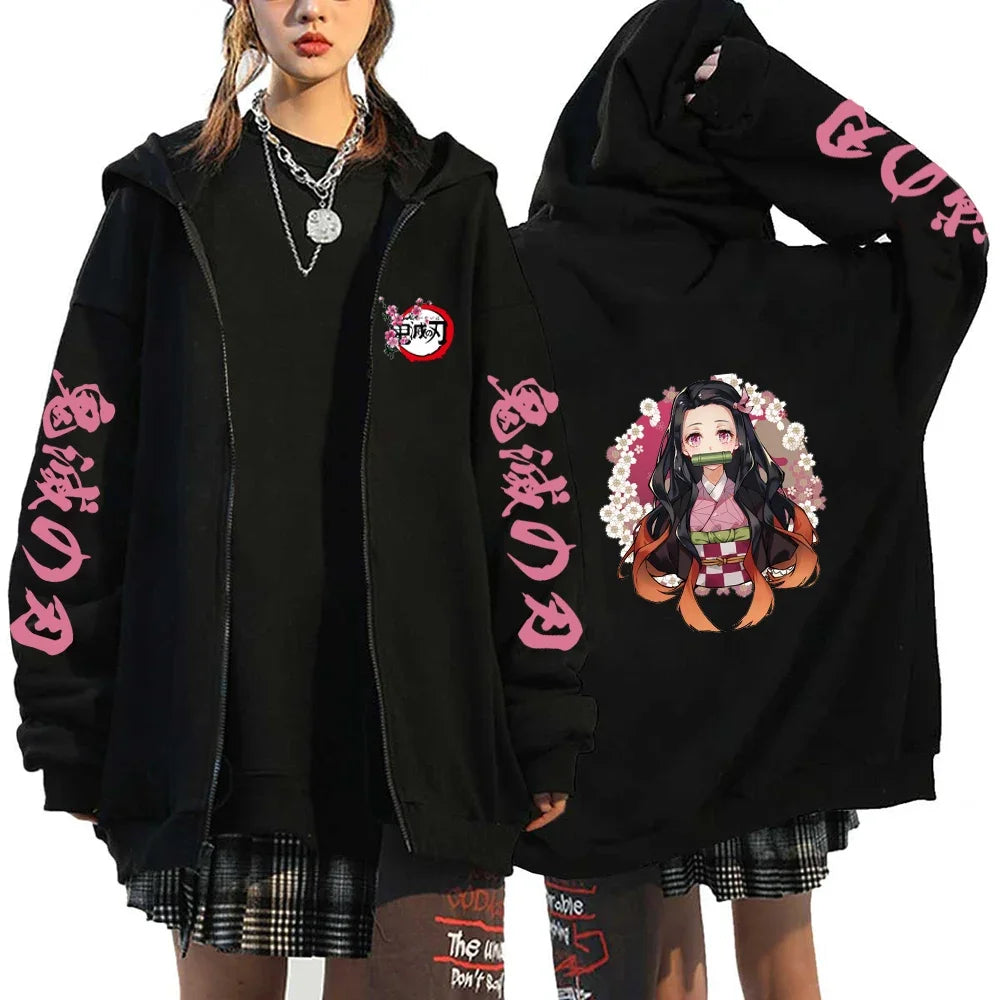 Fashion Anime Cartoon Demon Slayer Pattern Print Sweatshirt Men Women Fall Winter Casual Loose Harajuku Fleece Zipper Hoodie