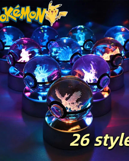 Pokemon Crystal Ball Pikachu Gengar Eevee Mewtwo Lacario Anime Game Pokeball Led Night Light Base Kids Birthday Gift Home Decor