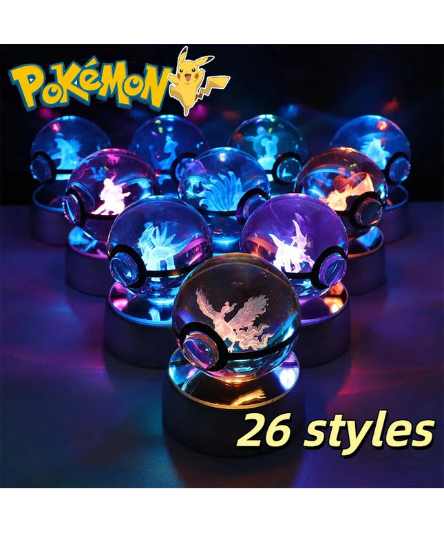 Pokemon Crystal Ball Pikachu Gengar Eevee Mewtwo Lacario Anime Game Pokeball Led Night Light Base Kids Birthday Gift Home Decor