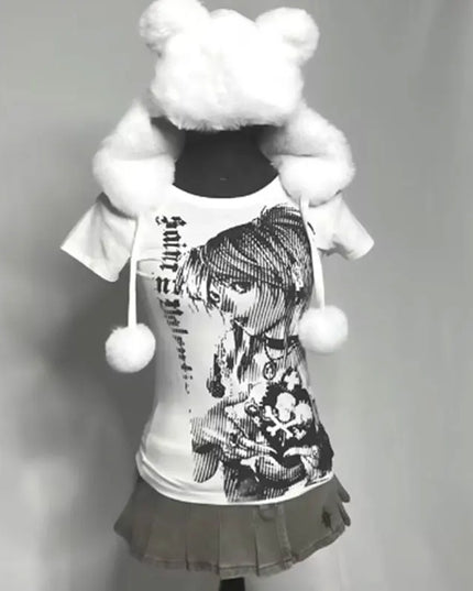 Y2k anime Streetwear O-neck 90s Text Printing Tops Women Harajuku Clothes Simple Vintage Crop Tee Aesthetic emo Casual T-shirt