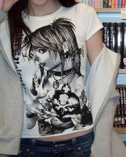 Y2k anime Streetwear O-neck 90s Text Printing Tops Women Harajuku Clothes Simple Vintage Crop Tee Aesthetic emo Casual T-shirt