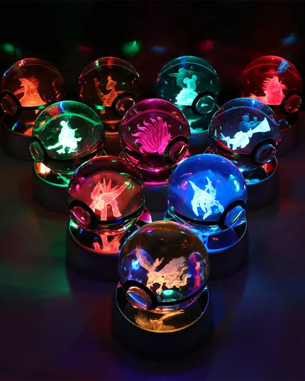Pokemon Crystal Ball Pikachu Gengar Eevee Mewtwo Lacario Anime Game Pokeball Led Night Light Base Kids Birthday Gift Home Decor