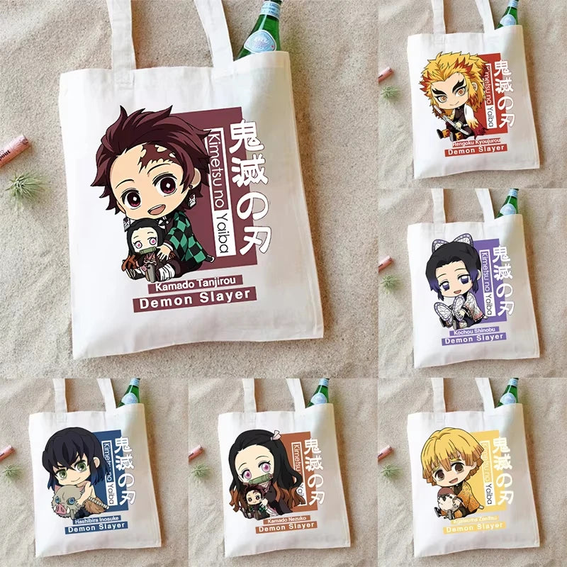 Demon Slayer Canvas Shoulder Bag Anime Cartoon Printed Storage Bags Large Capacity Student Stationery Eco Handbag Birthday Gifts