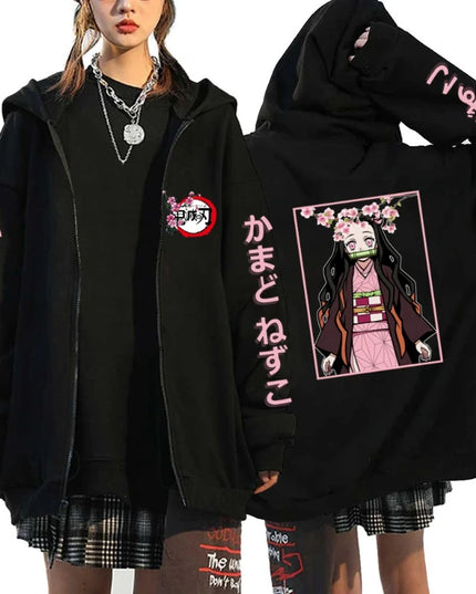 Fashion Anime Cartoon Demon Slayer Pattern Print Sweatshirt Men Women Fall Winter Casual Loose Harajuku Fleece Zipper Hoodie