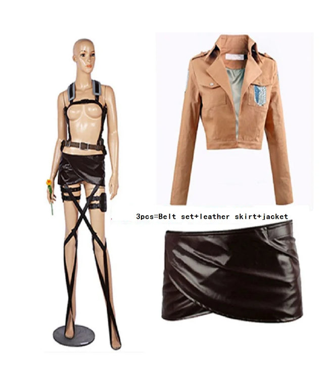 Attack on Titan Cosplay Shingeki no Kyojin Mikasa Ackerman Cosplay Costume Jacket Shawl Belt Suit Leather Shorts Full Sets