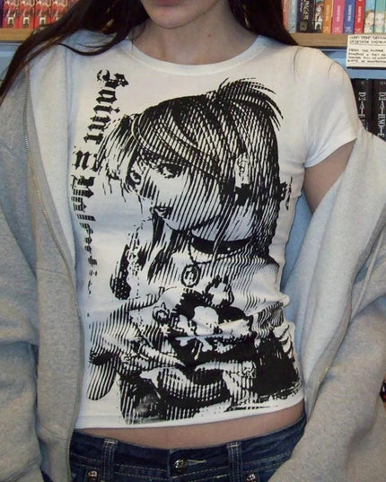 Y2k anime Streetwear O-neck 90s Text Printing Tops Women Harajuku Clothes Simple Vintage Crop Tee Aesthetic emo Casual T-shirt