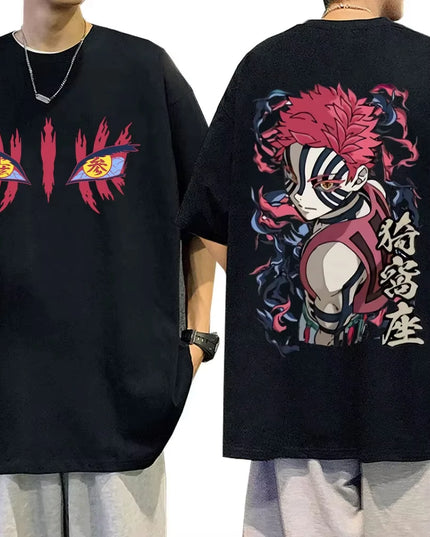 Anime Demon Slayer Akaza Eyes Graphic T-shirt Men's Women Clothing Casual Vintage T Shirts Male High Quality Pure Cotton Tshirts