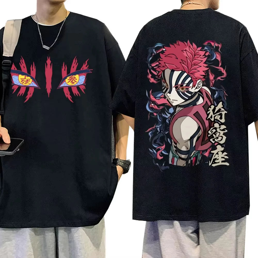 Anime Demon Slayer Akaza Eyes Graphic T-shirt Men's Women Clothing Casual Vintage T Shirts Male High Quality Pure Cotton Tshirts