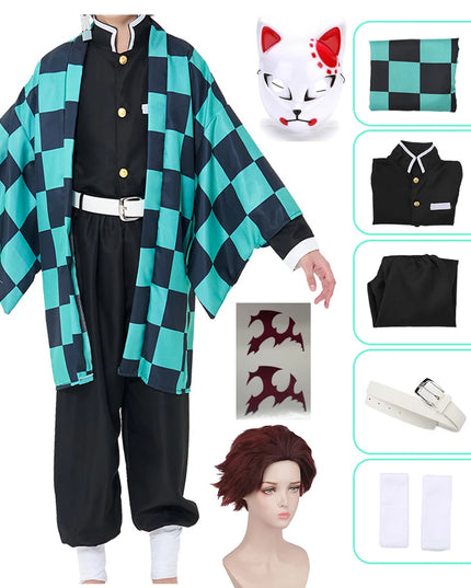 Anime Demon Slayer Kamado Tanjirou Cosplay Costume Kimetsu No Yaiba Cartoon Costume Sutis Wigs Halloween For Kids Adult CosParty