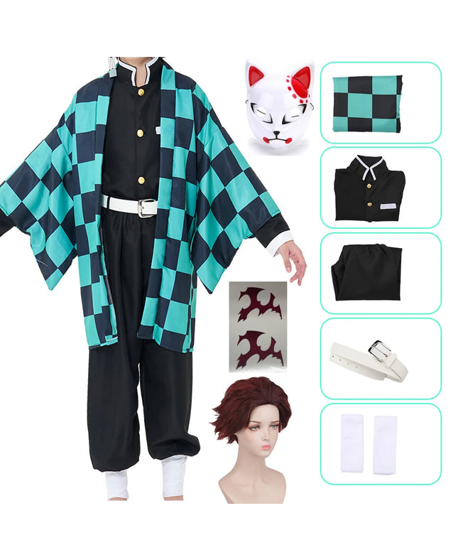 Anime Demon Slayer Kamado Tanjirou Cosplay Costume Kimetsu No Yaiba Cartoon Costume Sutis Wigs Halloween For Kids Adult CosParty