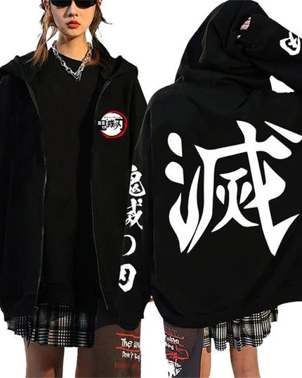 Fashion Anime Cartoon Demon Slayer Pattern Print Sweatshirt Men Women Fall Winter Casual Loose Harajuku Fleece Zipper Hoodie